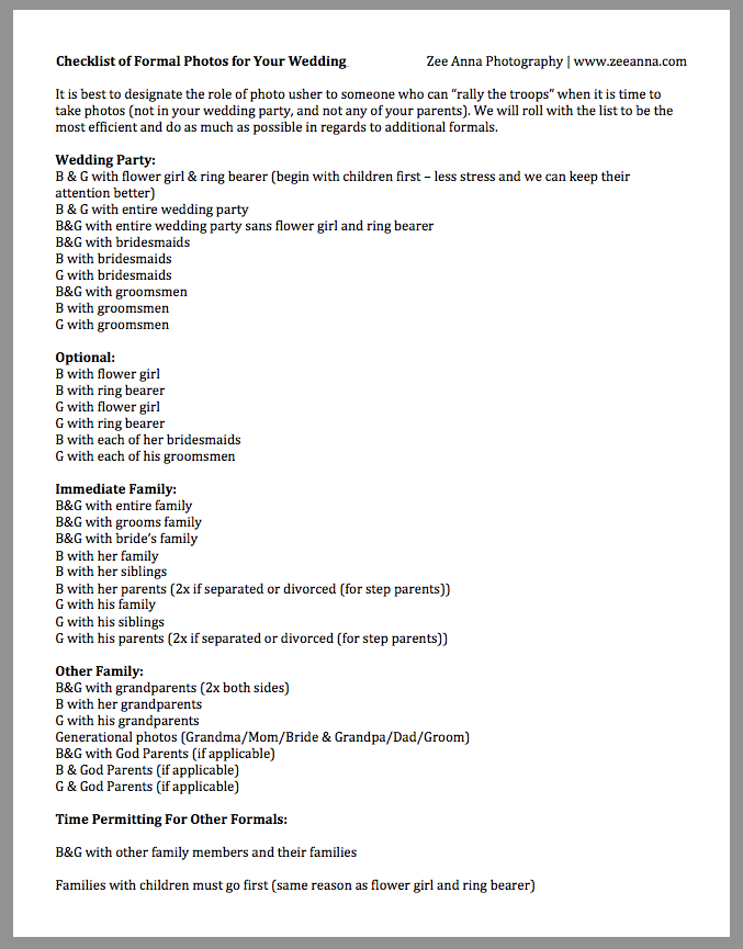 Formal Family Checklist created by Zee Anna Photography